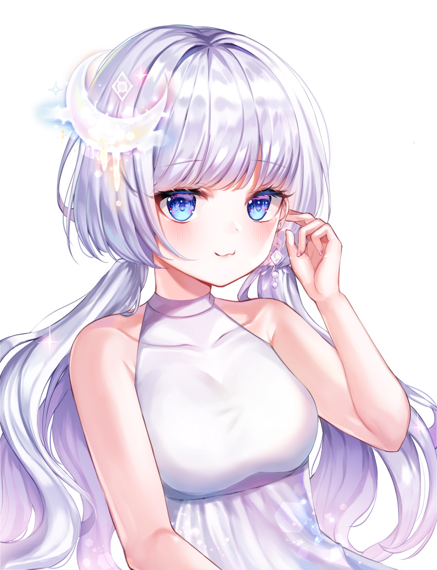 1girl :3 absurdres bangs bare_shoulders blue_eyes blush breasts collarbone commentary_request crescent crescent_hair_ornament dress hair_ornament highres looking_at_viewer maplestory medium_breasts silver_hair simple_background smile solo twintails white_background white_dress yam_(dr_yammy)