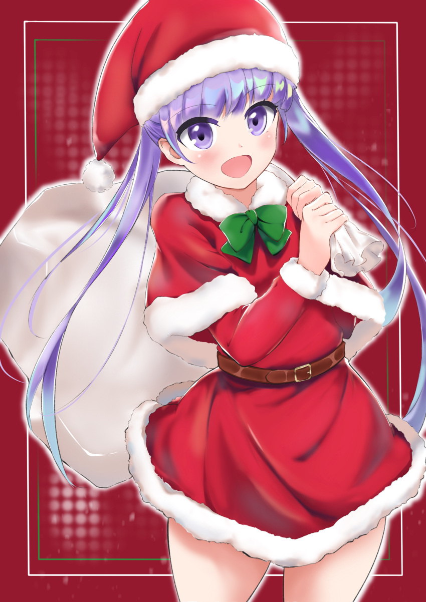 1girl :d absurdres belt christmas cowboy_shot dress eyebrows_visible_through_hair fur-trimmed_dress hat highres long_hair looking_at_viewer new_game! open_mouth purple_hair red_background red_dress santa_costume santa_hat smile solo suzukaze_aoba t.k.c twintails violet_eyes