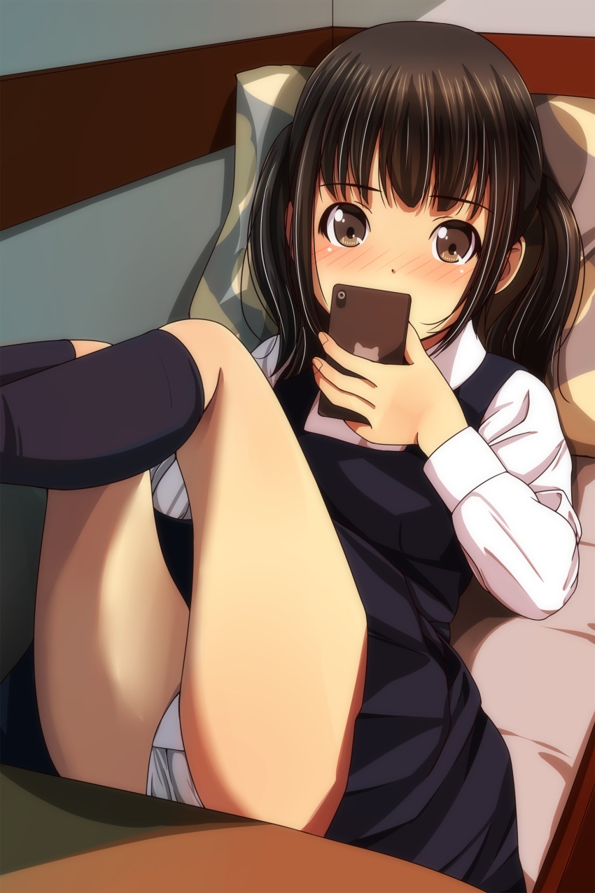 1girl absurdres ass bangs black_dress black_legwear blush brown_eyes brown_hair cellphone collared_shirt covered_mouth dress eyebrows_visible_through_hair highres holding holding_cellphone holding_phone kneehighs legs_up long_hair long_sleeves looking_at_viewer lying matsunaga_kouyou nose_blush on_back original panties phone pillow pinafore_dress pleated_dress school_uniform shirt sleeveless sleeveless_dress solo two_side_up underwear white_panties white_shirt