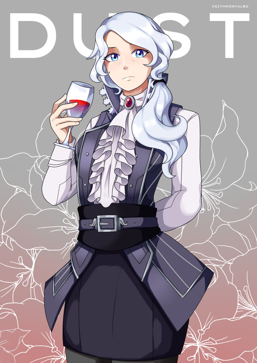 1girl absurdres arm_behind_back artist_name blue_eyes cravat cup drinking_glass floral_background grey_background highres long_hair looking_at_viewer pantyhose ravenide rwby skirt solo vest white_hair willow_schnee wine_glass