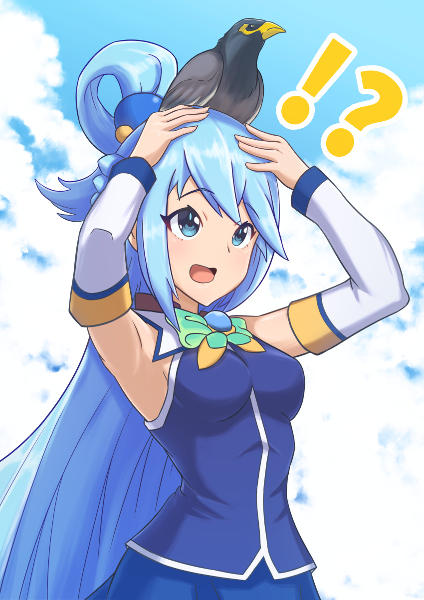 !? 1girl absurdres animal animal_on_head aqua_(konosuba) bangs bare_shoulders bird blue_eyes blue_hair blue_skirt blue_sky breasts chokchai clouds cloudy_sky commentary_request day detached_sleeves eyebrows_visible_through_hair gem hair_ornament hair_rings highres kono_subarashii_sekai_ni_shukufuku_wo! long_hair medium_breasts on_head open_mouth outdoors skirt sky smile solo