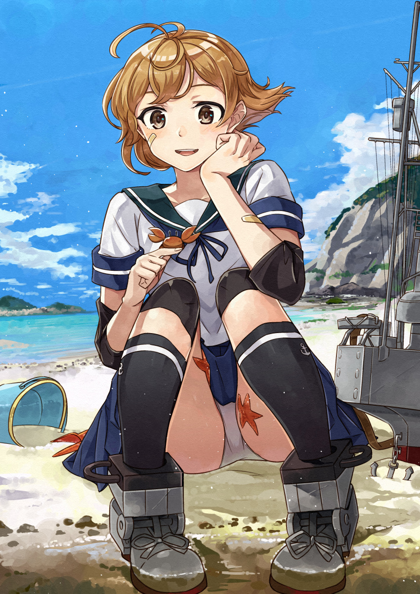 1girl absurdres ahoge anchor animal_on_leg ass bandaid bandaid_on_face bangs beach black_legwear blue_skirt blue_sky blush bucket clouds crab day elbow_pads eyebrows_visible_through_hair hand_on_own_cheek highres kanmiya_shinobu kantai_collection knee_pads kneehighs looking_at_viewer machinery oboro_(kantai_collection) open_mouth orange_hair outdoors panties rigging sand school_uniform serafuku short_hair short_sleeves sitting skirt sky smokestack starfish turret underwear water white_panties