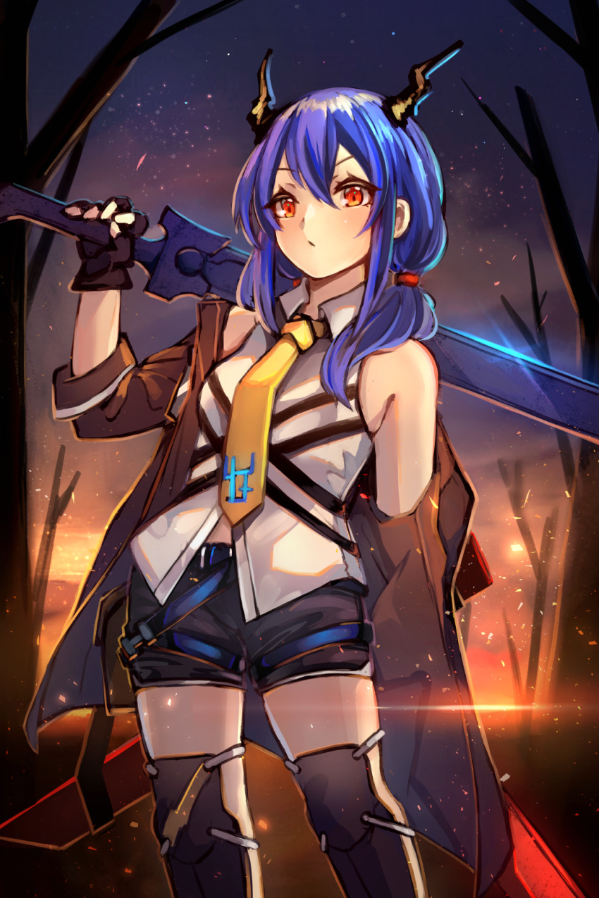 1girl arknights bangs bare_shoulders bare_tree black_gloves black_jacket black_shorts blue_hair breasts ch'en_(arknights) closed_mouth collared_shirt commentary_request eyebrows_visible_through_hair fingerless_gloves gloves hair_between_eyes highres holding holding_sword holding_weapon horns jacket long_hair looking_at_viewer miya_(pixiv15283026) necktie off_shoulder open_clothes open_jacket over_shoulder red_eyes shin_guards shirt short_shorts shorts sleeveless sleeveless_shirt small_breasts solo sword sword_over_shoulder tree v-shaped_eyebrows weapon weapon_over_shoulder white_shirt yellow_neckwear