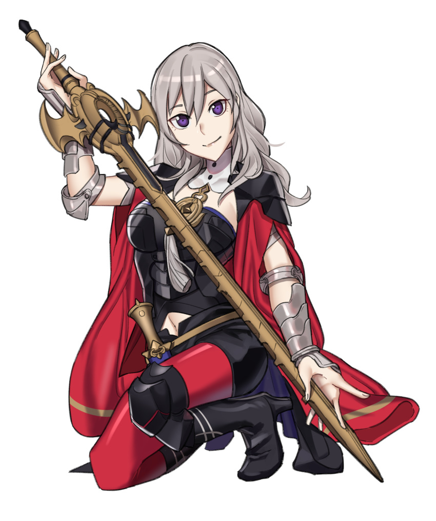 1girl alternate_color armor black_shorts byleth_(fire_emblem) byleth_eisner_(female) byleth_eisner_(female) closed_mouth ebinku edelgard_von_hresvelg edelgard_von_hresvelg_(cosplay) fire_emblem fire_emblem:_three_houses fire_emblem:_three_houses fire_emblem_16 fire_emblem_heroes high_heels highres holding holding_sword holding_weapon intelligent_systems navel navel_cutout nintendo red_legwear short_shorts shorts simple_background smile solo sora_(company) super_smash_bros. super_smash_bros._ultimate super_smash_bros_brawl sword violet_eyes weapon white_background white_hair