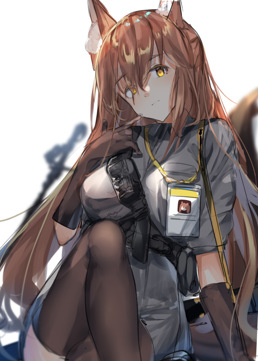 1girl absurdres animal_ear_fluff animal_ears arknights asymmetrical_legwear black_legwear brown_eyes brown_hair commentary_request fox_ears franka_(arknights) gloves highres kagura_miyabi long_hair looking_at_viewer pantyhose sidelocks single_leg_pantyhose single_thighhigh sitting solo thigh-highs