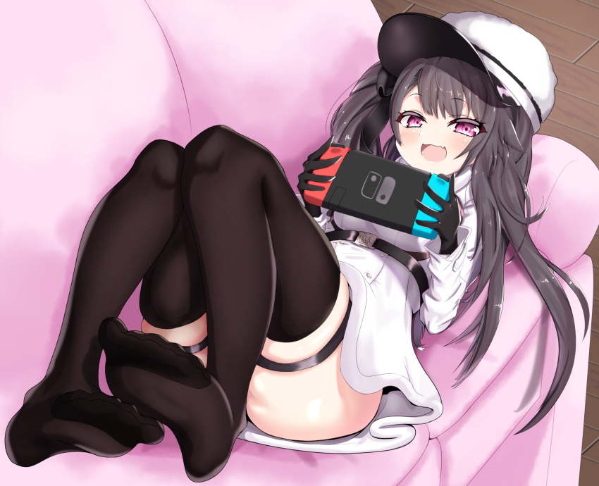 1girl absurdres ass azur_lane black_gloves black_hair blush breasts couch eyebrows_visible_through_hair feet game_console gloves hat highres large_breasts long_hair long_sleeves looking_at_viewer lying nintendo_switch on_back on_couch open_mouth pamiat_merkuria_(azur_lane) skindentation smile solo thigh-highs thigh_strap ushimittsu violet_eyes