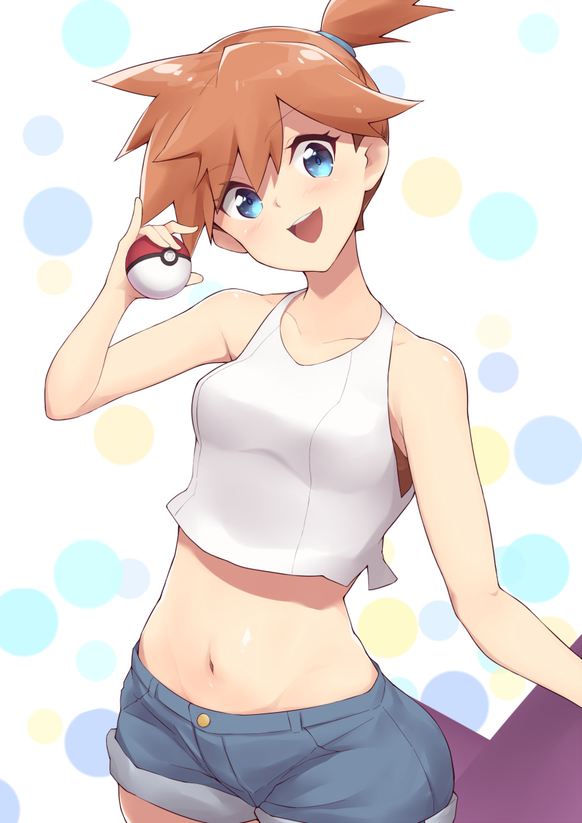 1girl alternate_costume bangs bare_arms bare_shoulders blue_eyes blush breasts collarbone commentary_request eyebrows_visible_through_hair highres holding holding_poke_ball jampen kasumi_(pokemon) looking_at_viewer open_mouth orange_hair poke_ball pokemon shirt short_hair shorts side_ponytail smile solo upper_teeth white_shirt