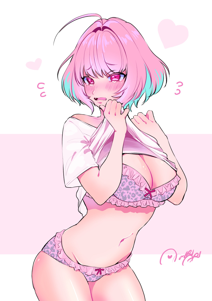 1girl absurdres ahoge amiriari blue_hair blush bra breasts commentary_request eyebrows_visible_through_hair heart highres idolmaster idolmaster_cinderella_girls lifted_by_self looking_to_the_side medium_breasts navel open_mouth panties pink_bra pink_eyes pink_hair pink_panties shirt shirt_lift short_hair signature solo tears underwear white_shirt yumemi_riamu