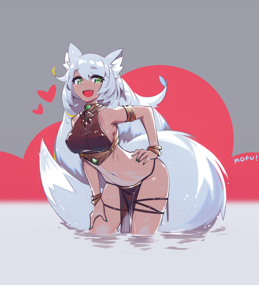1girl :d animal_ear_fluff animal_ears armlet armpits bare_shoulders bent_over bracelet breasts commentary_request covered_nipples crop_top dark_skin deel_(rkeg) fang fox_ears fox_girl fox_tail green_eyes green_nails grey_background hand_on_hip hand_on_own_thigh heart highres jewelry large_breasts long_hair looking_at_viewer midriff nail_polish navel open_mouth original pelvic_curtain revealing_clothes silver_hair sleeveless smile solo standing stomach tail thigh_strap thighs very_long_hair wading water