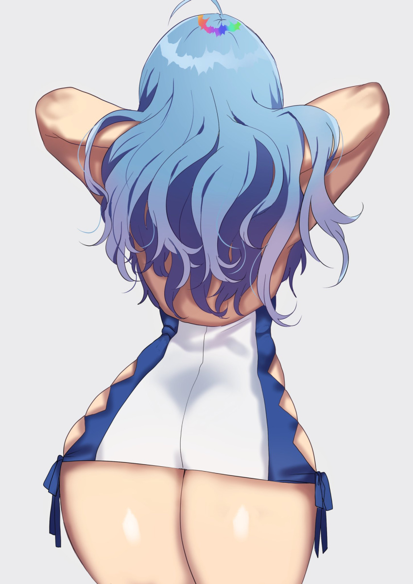 1girl ahoge argyle_cutout arms_behind_head arms_up ass azur_lane back bare_shoulders blue_dress blue_hair dress grey_background highres long_hair mashiro_(rikuya) short_dress simple_background solo st._louis_(azur_lane) taut_clothes taut_dress thighs two-tone_dress white_dress