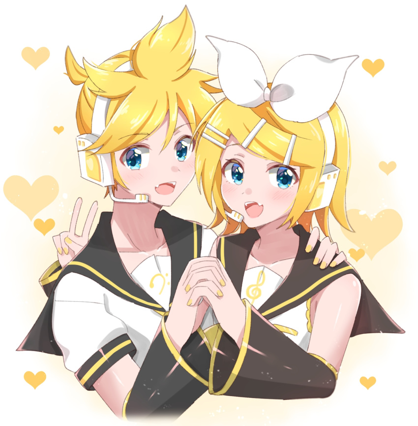 1boy 1girl bangs bare_shoulders bass_clef black_collar black_sleeves blonde_hair blue_eyes bow collar commentary crop_top detached_sleeves fang hair_bow hair_ornament hairclip hand_on_another's_shoulder headphones headset heart heart_background highres holding_hands kagamine_len kagamine_rin looking_at_viewer nail_polish open_mouth sailor_collar school_uniform shirt short_hair short_ponytail short_sleeves sleeveless sleeveless_shirt smile spiky_hair supo01 swept_bangs treble_clef upper_body v vocaloid white_bow white_shirt yellow_nails