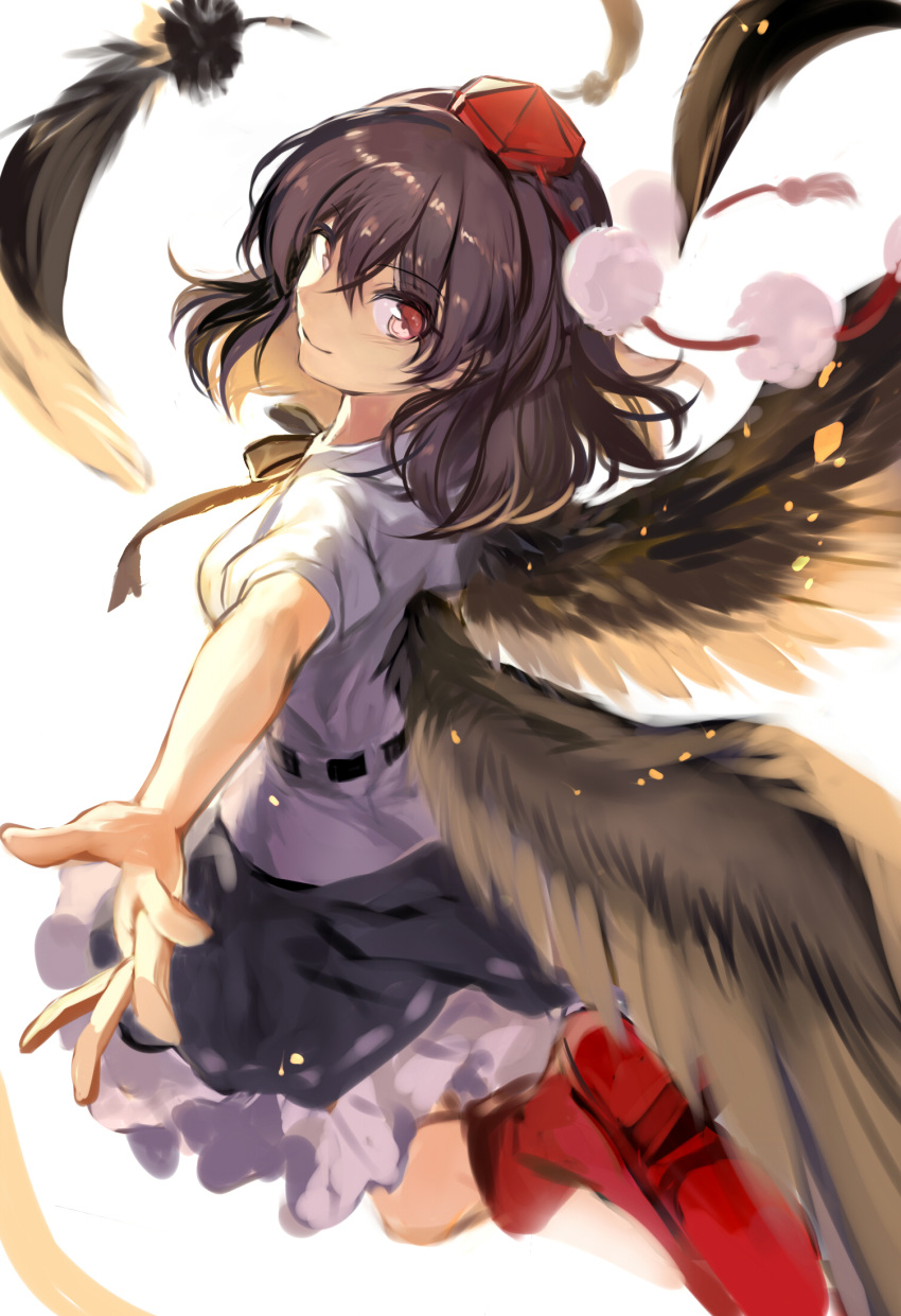 1girl black_neckwear black_ribbon black_skirt black_wings breasts commentary feathered_wings feathers from_behind fuupu hat highres looking_back medium_breasts miniskirt neck_ribbon petticoat pom_pom_(clothes) puffy_short_sleeves puffy_sleeves red_footwear ribbon shameimaru_aya shirt shoes short_sleeves simple_background skirt solo tokin_hat touhou white_background white_shirt wings