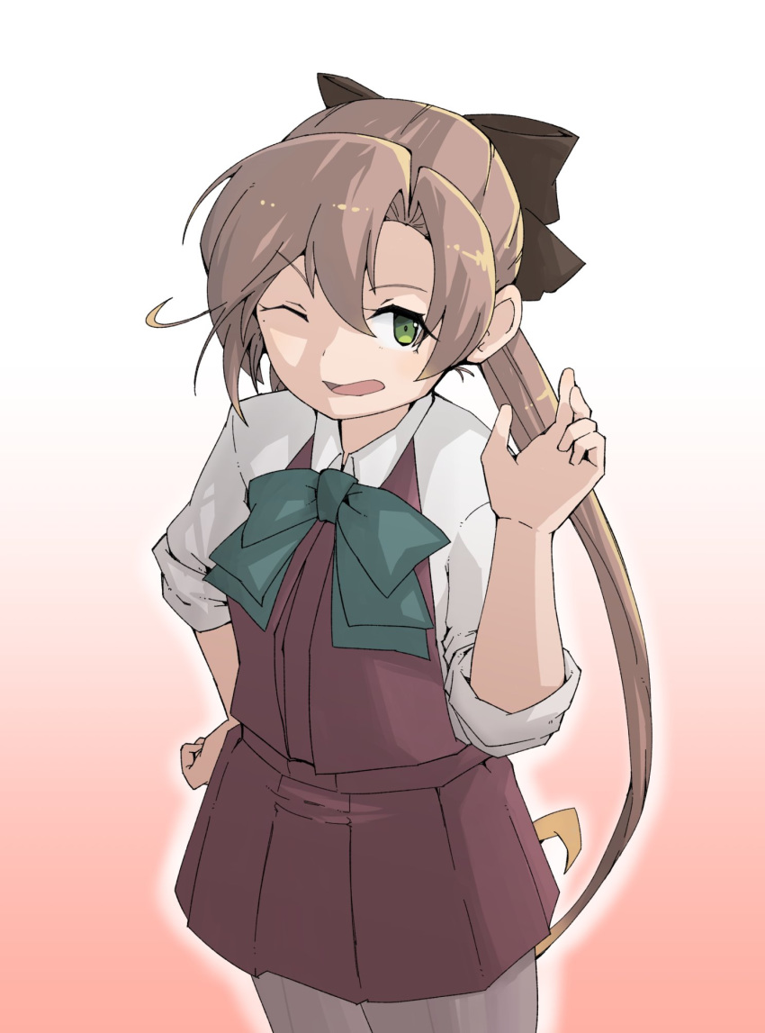 1girl ;d akigumo_(kantai_collection) bow bowtie brown_hair dova dress gradient gradient_background green_eyes hair_ribbon highres kantai_collection long_hair looking_at_viewer mole mole_under_eye one_eye_closed open_mouth pantyhose pleated_dress ponytail purple_dress ribbon school_uniform simple_background smile solo white_background