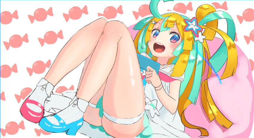 1girl :d ahoge amakawa_hano aqua_hair blonde_hair blue_eyes cellphone dress full_body hair_ornament hairclip highres knees_up long_hair mismatched_footwear motivationmoti multicolored_hair open_mouth phone re:act simple_background sitting smile solo star star_hair_ornament thigh_strap two-tone_hair virtual_youtuber white_dress white_legwear wrapped_candy