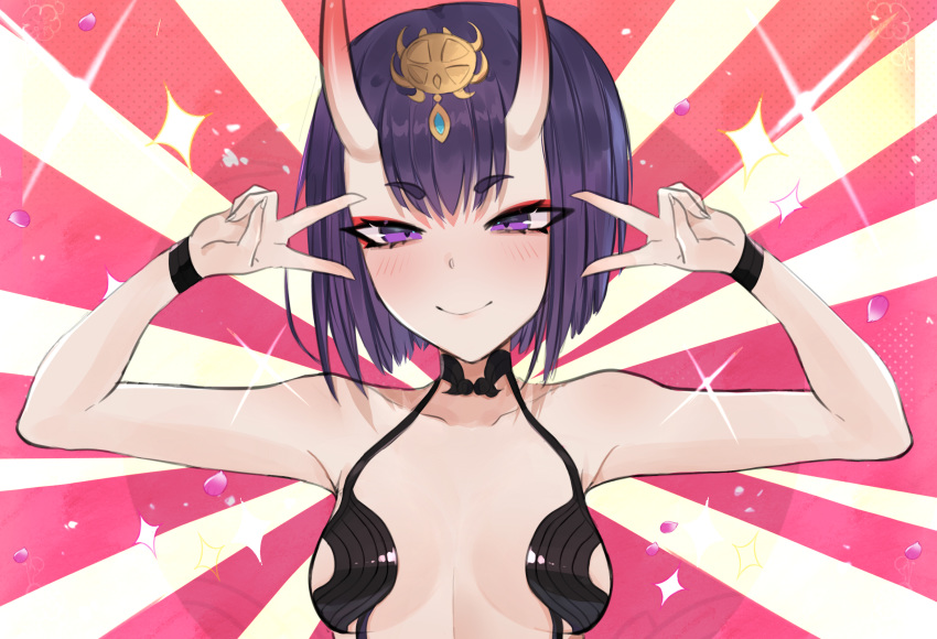 1girl bangs bare_shoulders blush bob_cut breasts bridal_gauntlets closed_mouth collarbone double_v emotional_engine_-_full_drive eyeliner fate/grand_order fate_(series) hands_up headpiece highres horns looking_at_viewer makeup oni oni_horns oni_noodle parody purple_hair revealing_clothes short_eyebrows short_hair shuten_douji_(fate/grand_order) skin-covered_horns small_breasts smile solo sparkle v violet_eyes