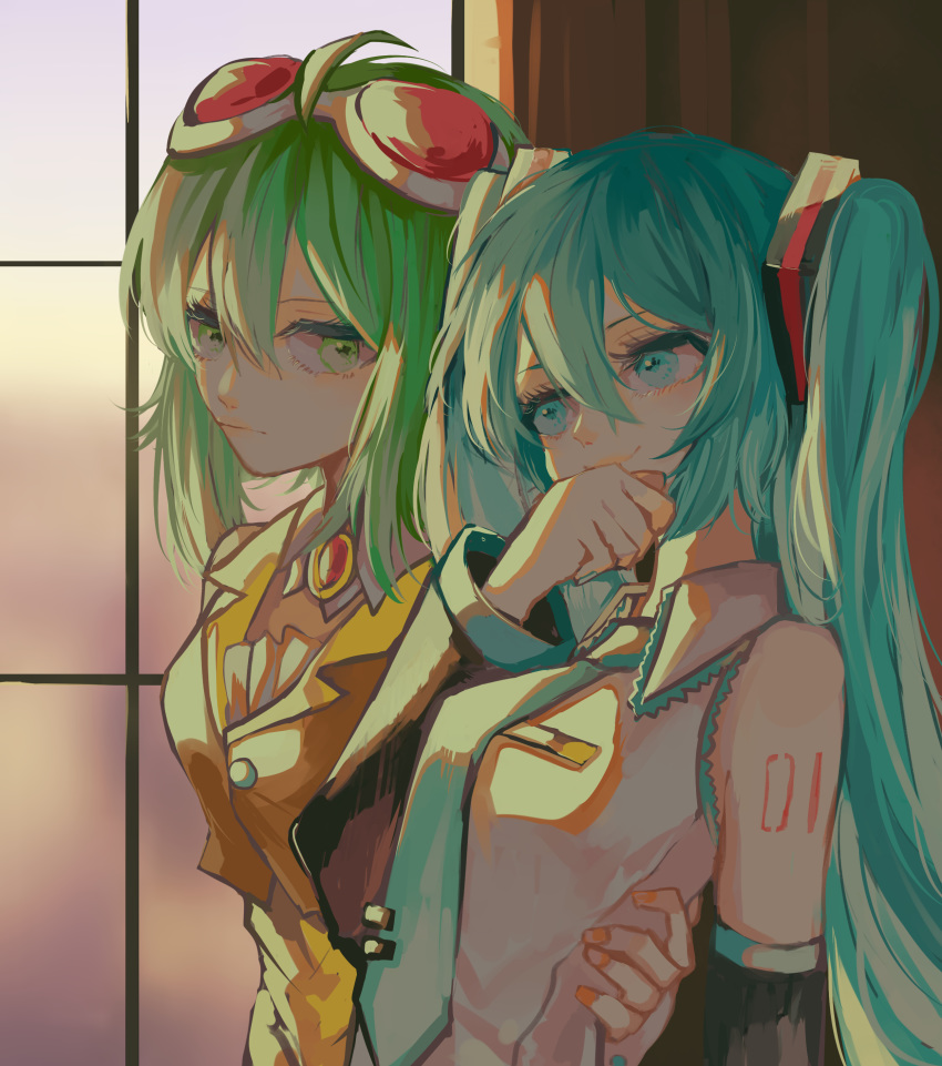 2girls absurdres ahoge amulet aqua_eyes aqua_hair aqua_nails aqua_neckwear arm_around_back bare_shoulders black_sleeves commentary crop_top curtains detached_sleeves goggles goggles_on_head gomiyama green_eyes green_hair grey_shirt gumi hair_ornament hand_on_another's_back hand_to_own_mouth hatsune_miku highres long_hair looking_at_another multiple_girls nail_polish necktie orange_shirt red_goggles shirt shoulder_tattoo sidelighting sleeveless sleeveless_shirt smile tattoo twintails upper_body very_long_hair vocaloid window yellow_shirt yuri