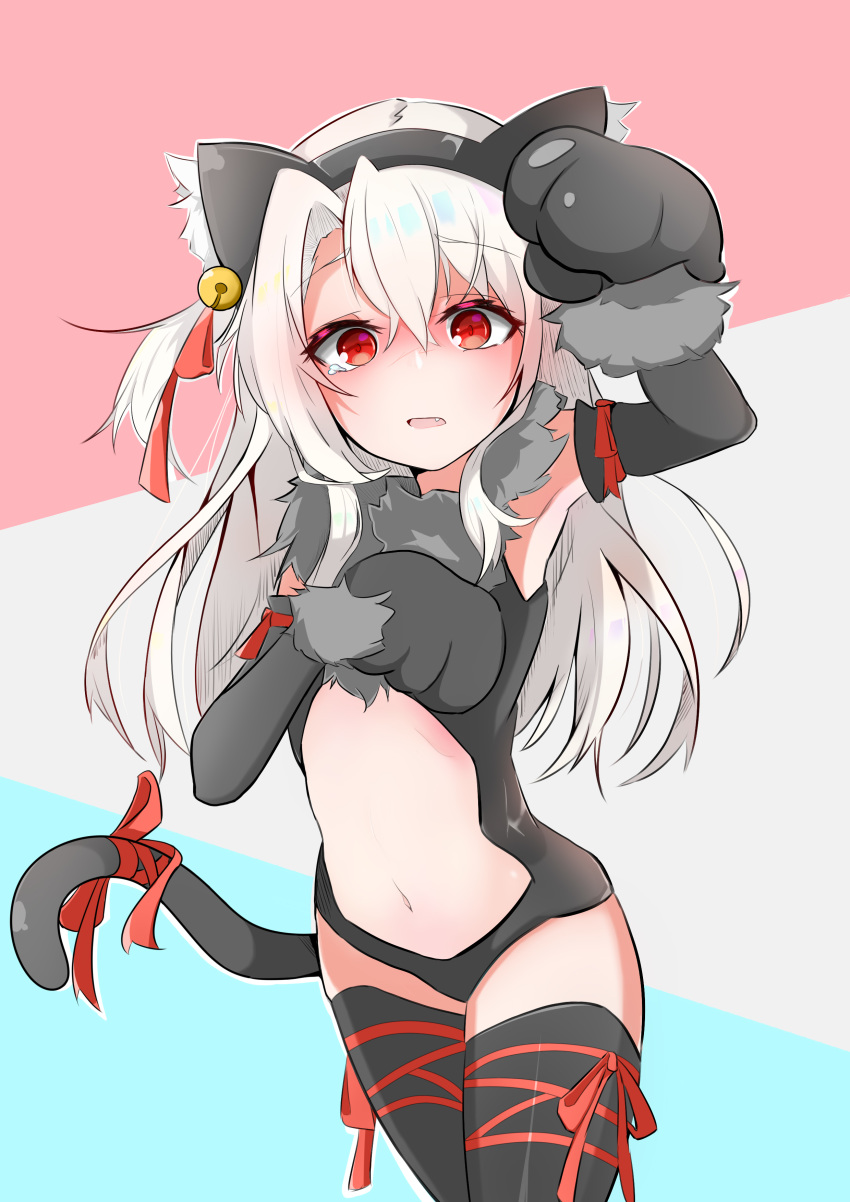 1girl absurdres animal_ear_fluff animal_ears bangs bare_shoulders bell black_gloves black_legwear black_leotard blue_background blush breasts cat_ears cat_tail center_opening elbow_gloves fate/kaleid_liner_prisma_illya fate_(series) fur_collar gloves grey_background hair_between_eyes hairband hand_up highres illyasviel_von_einzbern jingle_bell leotard long_hair looking_at_viewer multicolored multicolored_background navel open_mouth paw_gloves paws pink_background red_eyes red_ribbon ribbon small_breasts solo tail thigh-highs thighs two_side_up white_hair winghd