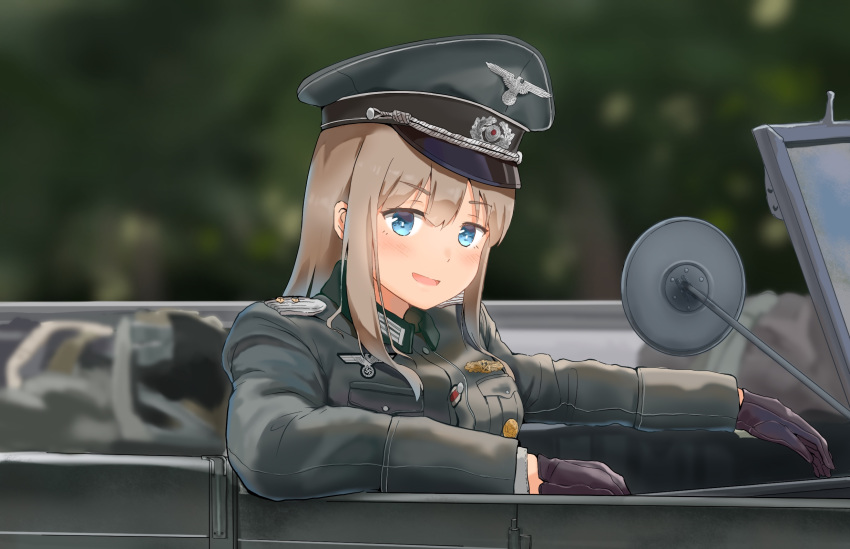 1girl blonde_hair blue_eyes blurry blurry_background car commentary eyebrows_visible_through_hair germany gloves ground_vehicle hat highres long_hair looking_at_viewer military military_hat military_uniform motor_vehicle nazi original peaked_cap solo unicron_(brous) uniform world_war_ii