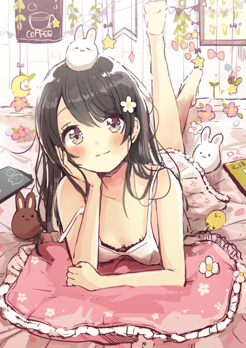 1girl animal bare_arms bare_shoulders barefoot black_hair blush closed_mouth commentary_request crescent dress flower frilled_pillow frills grey_eyes hair_flower hair_ornament hand_up head_tilt highres indoors leg_up long_hair looking_at_viewer lying nail_polish on_stomach original pillow pink_flower rabbit red_nails sakura_oriko sleeveless sleeveless_dress smile soles solo star the_pose white_dress white_flower