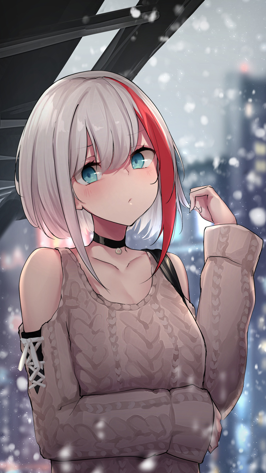 1girl admiral_graf_spee_(azur_lane) admiral_graf_spee_(daily_peaceful_life)_(azur_lane) aran_sweater azur_lane blue_eyes blurry bokeh brown_sweater choker closed_mouth collarbone commentary_request depth_of_field hand_up highres long_sleeves looking_at_viewer multicolored_hair oshishio short_hair shoulder_cutout snowing solo strap streaked_hair sweater upper_body winter