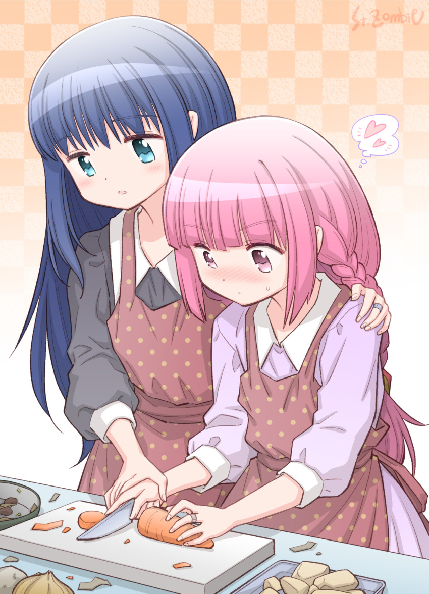 2girls apron black_dress blue_eyes blue_hair braid carrot checkered checkered_background chopping cooking cutting cutting_board dress food hand_on_another's_shoulder heart highres holding_hands jewelry kitchen_knife knife long_hair magia_record:_mahou_shoujo_madoka_magica_gaiden mahou_shoujo_madoka_magica multiple_girls nanami_yachiyo pink_dress pink_eyes pink_hair polka_dot polka_dot_apron ponytail red_apron ring studiozombie tamaki_iroha yuri