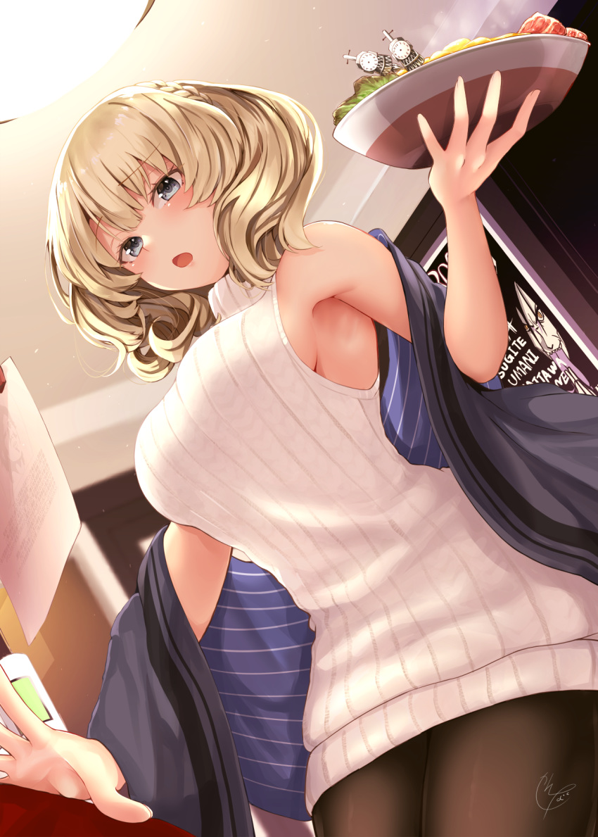 1girl alternate_costume black_legwear blonde_hair blue_eyes blush breasts colorado_(kantai_collection) commentary_request cowboy_shot eyebrows_visible_through_hair food hair_between_eyes highres holding kantai_collection large_breasts narushima_kanna no_headwear open_mouth pantyhose ribbed_sweater short_hair sideboob signature sleeveless solo sweater white_sweater
