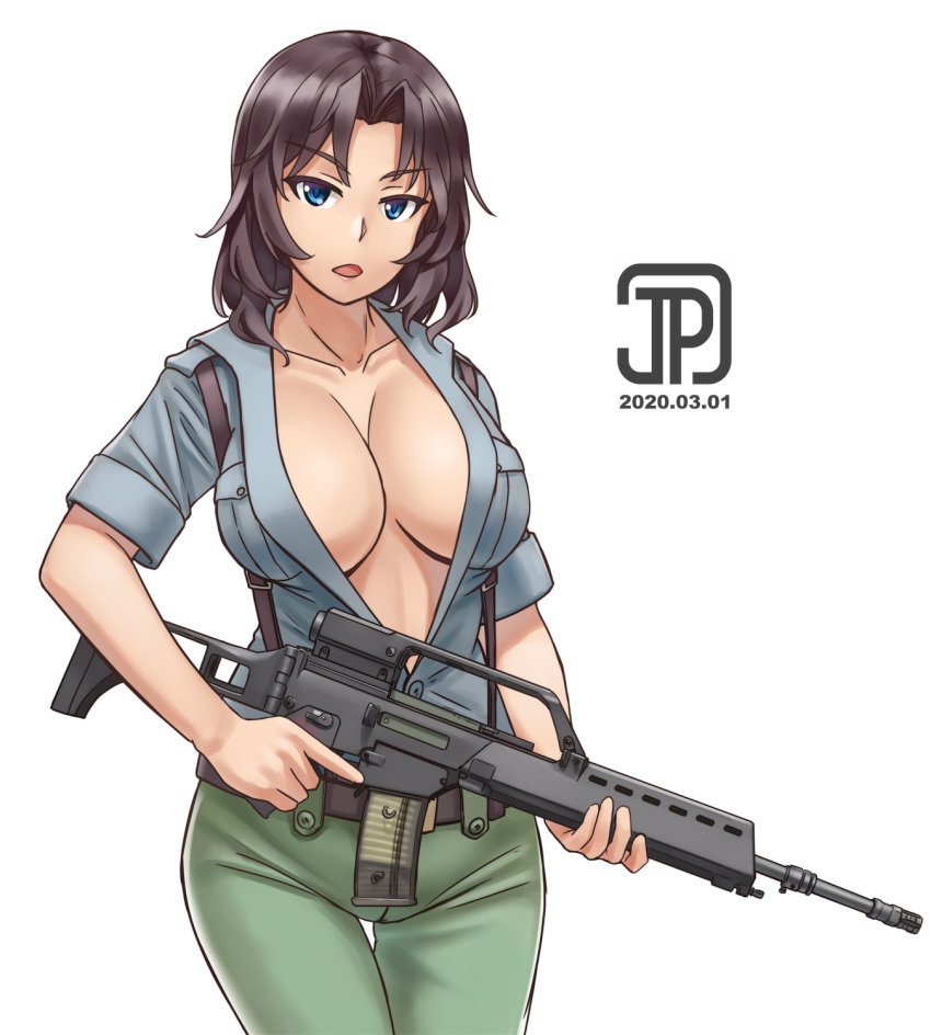 1girl 2020 aoshidan_school_uniform artist_name assault_rifle blue_eyes breast_pocket breasts breasts_apart brown_hair dated el_(girls_und_panzer) girls_und_panzer green_pants gun h&amp;k_g36 highres jpc large_breasts no_bra open_clothes open_mouth open_shirt pants pocket rifle school_uniform short_hair sleeves_rolled_up sling solo thigh_gap weapon white_background