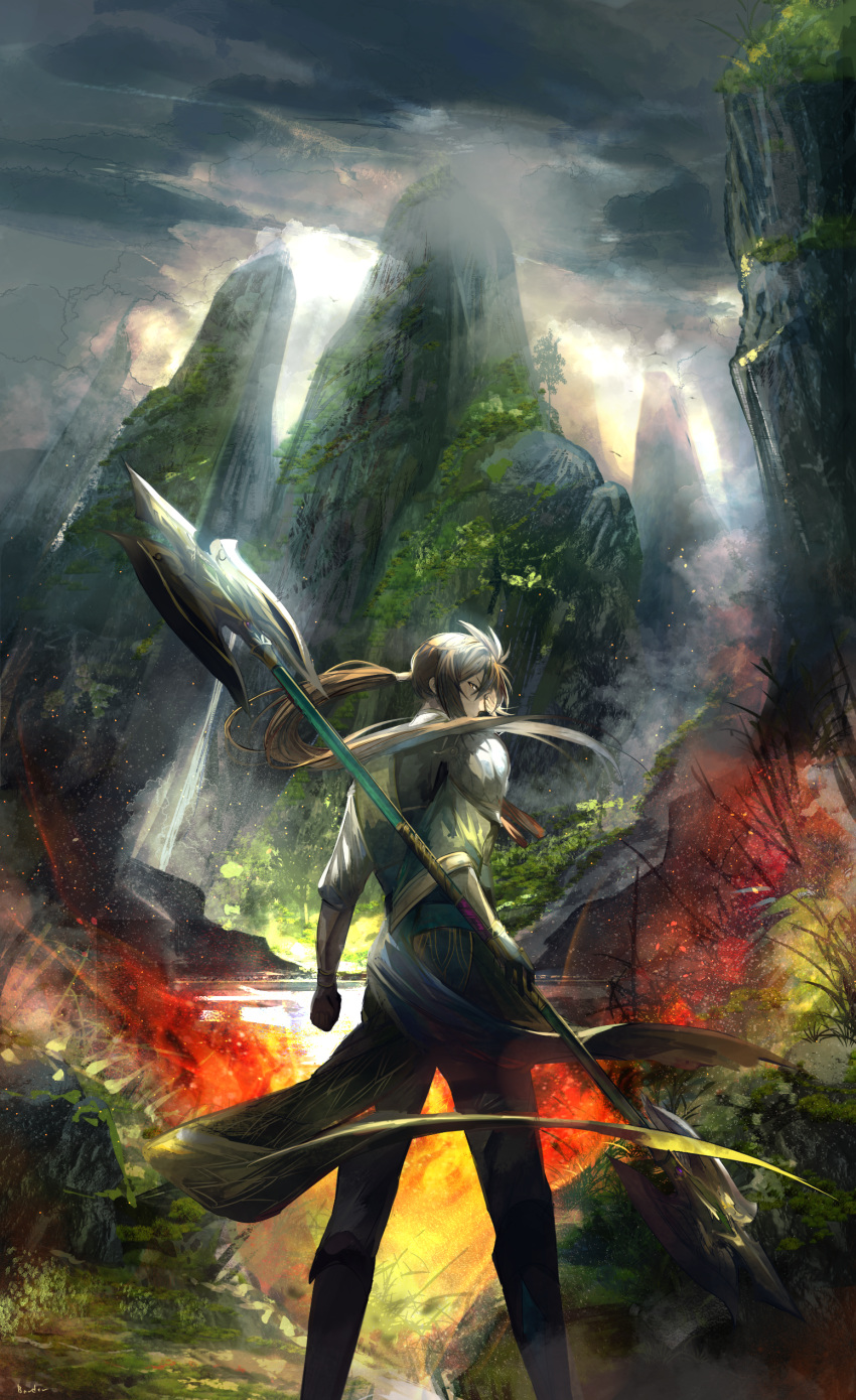 1boy absurdres axe back bangs black_gloves border0715 brown_eyes brown_hair chinese_clothes clouds cloudy_sky gloves grass highres holding holding_axe holding_weapon jiang_wei long_hair long_sleeves looking_at_viewer looking_back low_ponytail male_focus mountain nature outdoors polearm sangoku_musou sky solo standing storm tree trident weapon