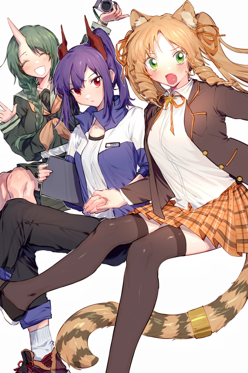 3girls ^_^ alternate_costume alternate_hairstyle animal_ear_fluff animal_ears arknights bangs black_jacket black_legwear black_pants blazer blue_jacket blush braid brown_hair brown_neckwear brown_ribbon ch'en_(arknights) closed_eyes commentary_request cross_neko dragon_horns drill_hair drill_locks green_eyes green_hair green_serafuku green_shirt hair_ribbon high_collar highres holding_hands horns hoshiguma_(arknights) jacket long_hair long_sleeves looking_at_viewer miniskirt multicolored multicolored_clothes multicolored_jacket multiple_girls neck_ribbon open_clothes open_jacket open_mouth orange_skirt pants parted_lips pleated_skirt ponytail purple_hair red_eyes ribbon sailor_collar sailor_shirt school_uniform serafuku shirt shoes short_hair short_ponytail sidelocks simple_background single_braid single_horn skirt socks swire_(arknights) tail tail_ring thigh-highs tiger_ears tiger_tail twintails white_background white_jacket white_legwear white_shirt