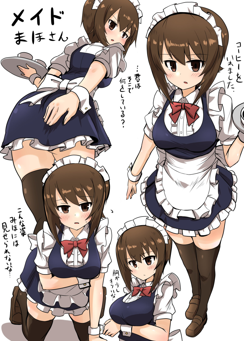 1girl absurdres alternate_costume bangs bent_over black_legwear blue_dress blush bow bowtie breast_hold breasts brown_eyes brown_footwear brown_hair closed_mouth commentary covering covering_ass cup dress dress_shirt enmaided flying_sweatdrops frilled_dress frills from_behind girls_und_panzer highres holding holding_tray kneeling kumo_(atm) light_frown loafers looking_at_viewer looking_back maid maid_headdress multiple_views nishizumi_maho open_mouth puffy_short_sleeves puffy_sleeves red_neckwear shirt shoes short_dress short_hair short_sleeves simple_background skindentation standing sweatdrop thigh-highs translated tray white_background white_sleeves wing_collar wrist_cuffs