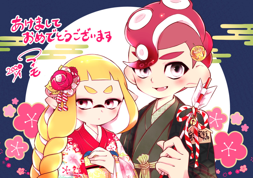 1boy 1girl akeome arrow artist_name bangs black_haori black_kimono blunt_bangs blush braid closed_mouth commentary couple dated ema fang flower frown furisode grey_eyes hair_flower hair_ornament hair_over_shoulder hamaya happy_new_year hetero highres holding_arrow inkling japanese_clothes kimono long_hair long_sleeves looking_at_viewer maimo makeup mascara mohawk new_year obi octarian octoling open_mouth pointy_ears print_kimono red_flower red_kimono redhead sash short_hair sign smile splatoon_(series) suction_cups translated twin_braids wide_sleeves