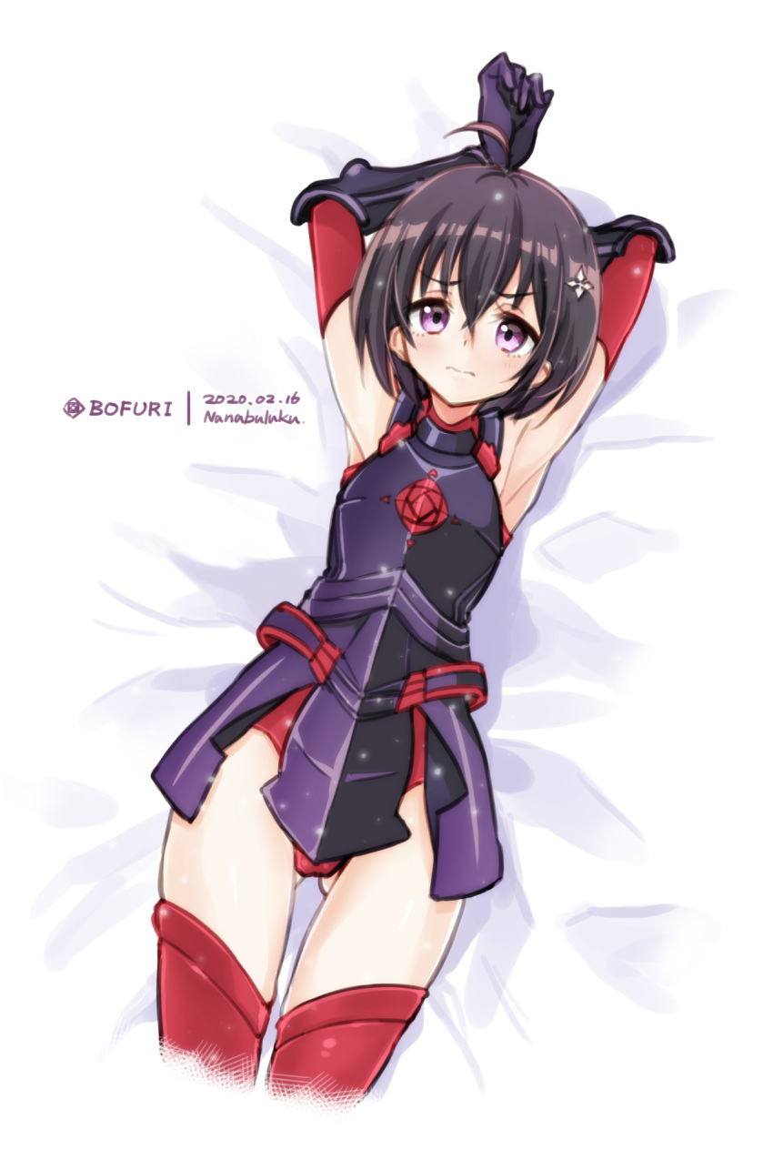 1girl ahoge armor armpits arms_behind_head arms_up artist_name bangs bare_shoulders bed_sheet black_armor bob_cut boots bracer commentary copyright_name dated dutch_angle elbow_gloves furrowed_eyebrows gloves hair_ornament highres itai_no_wa_iya_nano_de_bougyoryoku_ni_kyokufuri_shitai_to_omoimasu leotard light_blush light_frown lying maple_(bofuri) maple_(itai_no_wa_iya_nano_de_bougyoryoku_ni_kyokufuri_shitai_to_omoimasu) nanabuluku red_gloves red_legwear red_leotard short_hair solo thigh-highs thigh_boots thighs violet_eyes worried zettai_ryouiki