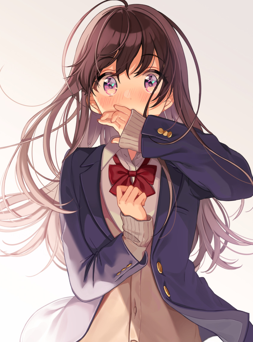 1girl ahoge bangs blazer blue_eyes blue_jacket blush bow brown_hair cardigan commentary_request covering_mouth hand_over_own_mouth highres jacket long_hair original red_bow school_uniform shigure_ui sleeves_past_wrists solo upper_body