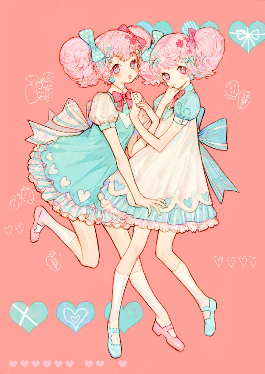 2girls :d absurdres back_bow big_hair blue_dress blue_footwear blue_nails bow bowtie closed_mouth dress fingernails heart highres kneehighs looking_at_viewer multiple_girls open_mouth original pink_footwear pink_hair red_background red_eyes red_neckwear rosette_(yankaixuan) short_hair smile standing star star-shaped_pupils symbol-shaped_pupils twintails white_legwear