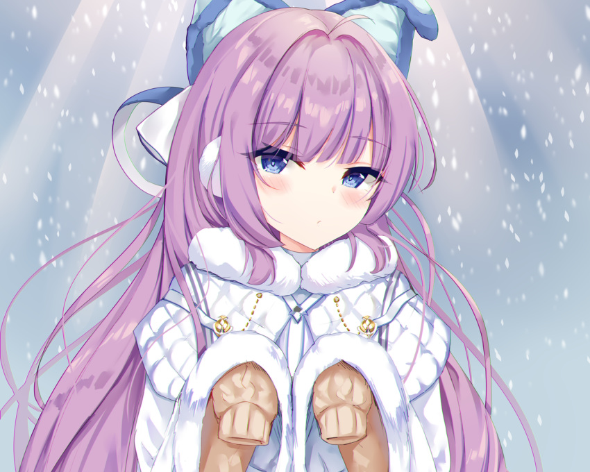 1girl animal_ears azur_lane blue_eyes blush coat dress earmuffs eyebrows_visible_through_hair fake_animal_ears fur_trim hair_ornament hair_ribbon long_hair long_sleeves looking_at_viewer purple_hair ribbon solo sweater tamariyazuna tashkent_(azur_lane) very_long_hair very_long_sleeves white_coat winter_clothes