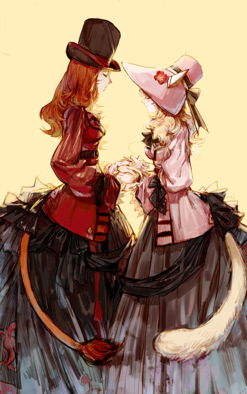 2girls absurdres animal_ears black_bow black_headwear black_skirt bow brown_hair cat_ears cat_tail closed_mouth coat curly_hair ears_through_headwear facing_another final_fantasy final_fantasy_xiv flower freckles from_side hat hat_bow hat_flower height_difference highres holding_hands hoop_skirt light_blush long_hair long_skirt long_sleeves miqo'te multiple_girls pink_coat pink_headwear red_coat red_flower rosette_(yankaixuan) simple_background skirt smile star_(sky) tail top_hat whisker_markings yellow_background