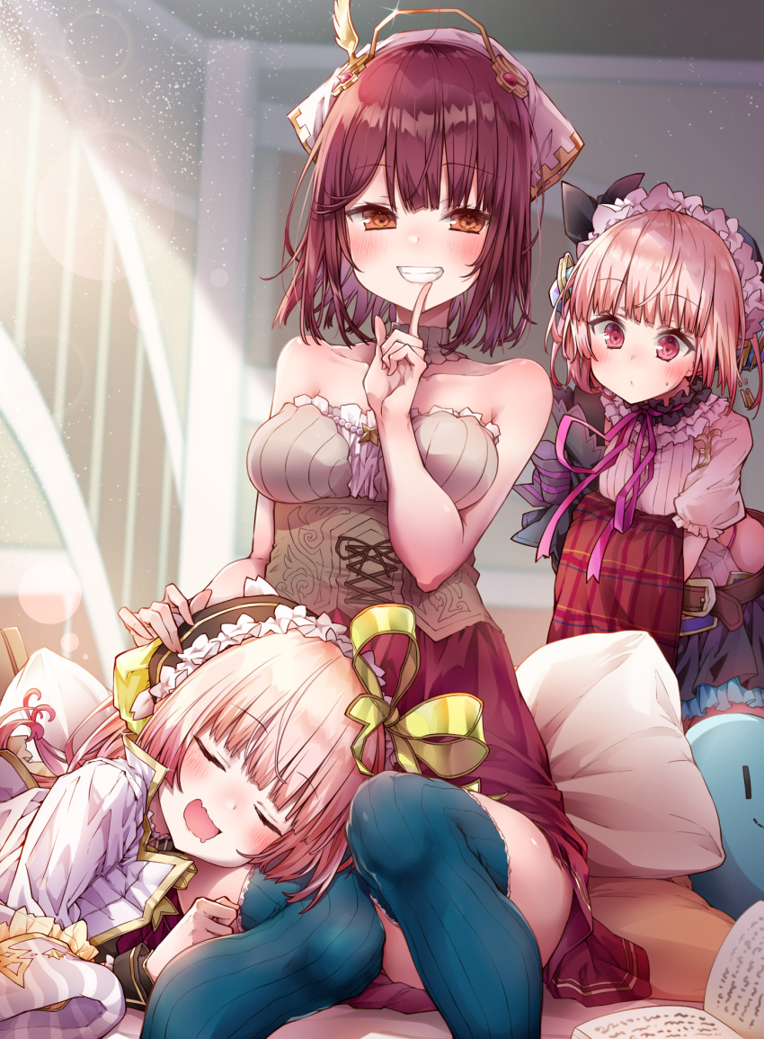 3girls alt atelier_(series) atelier_lydie_&amp;_suelle atelier_sophie bare_arms bare_shoulders belt blush book closed_eyes collarbone commentary_request detached_collar drooling eyebrows_visible_through_hair finger_to_mouth grin hair_between_eyes hair_ribbon hand_on_another's_head hat headwear highres holding_clothes index_finger_raised indoors lap_pillow light_particles looking_at_another looking_at_viewer lydie_marlen multiple_girls neck_ribbon orange_eyes pillow pink_hair purple_neckwear red_eyes red_skirt redhead ribbon shirt short_hair short_sleeves siblings sisters sitting skirt sleeveless sleeveless_shirt smile sophie_neuenmuller strapless_shirt suelle_marlen thigh-highs twins white_shirt yellow_ribbon