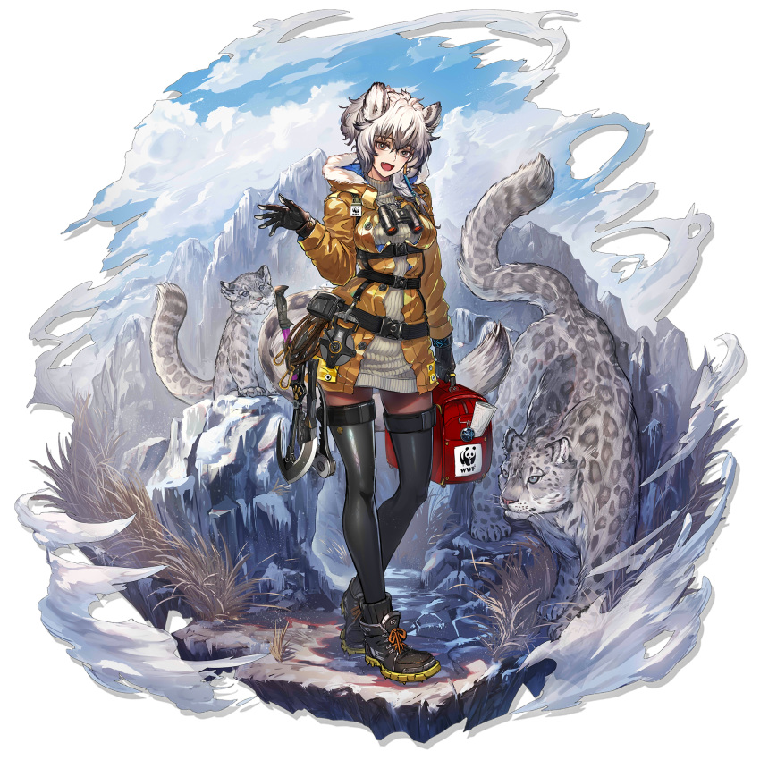 1girl :d alternate_costume animal_ears arknights bag bangs belt binoculars black_belt black_footwear black_gloves black_legwear blue_sky boots breasts cliffheart_(arknights) clouds day eyebrows_visible_through_hair fang full_body fur-trimmed_jacket fur_trim gloves grey_eyes grey_hair grey_sweater hair_between_eyes hand_up head_tilt highres holding holding_bag jacket leopard leopard_ears long_sleeves looking_at_viewer medium_breasts multicolored_hair no_hat no_headwear official_art open_clothes open_jacket open_mouth ribbed_sweater ryuuzaki_ichi short_hair silver_hair sky smile snap-fit_buckle standing streaked_hair sweater thigh-highs transparent_background turtleneck turtleneck_sweater yellow_jacket