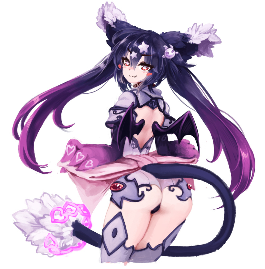 1girl :3 animal_ear_fluff animal_ears ass backless_outfit bangs barbariank bat_wings blue_hair blush blush_stickers commentary cowboy_shot english_commentary eyebrows_visible_through_hair eyes_visible_through_hair familiar_(monster_girl_encyclopedia) fang fang_out fewer_digits from_behind gradient_hair hair_between_eyes hair_ornament hairclip long_hair looking_at_viewer looking_back monster_girl monster_girl_encyclopedia multicolored_hair nose_blush paws purple_hair red_eyes simple_background smile solo star star-shaped_pupils star_hair_ornament symbol-shaped_pupils tail twintails waist_bow white_background wings