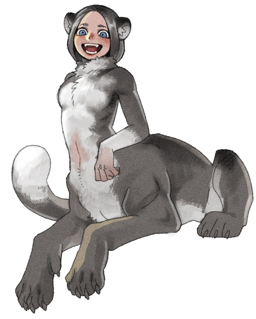 1girl :d animal_ears blue_eyes centauroid claws copyright_request fangs fur furry grey_fur grey_hair highres kui_ryouko looking_at_viewer monster monster_girl open_mouth short_hair simple_background smile solo tail white_background