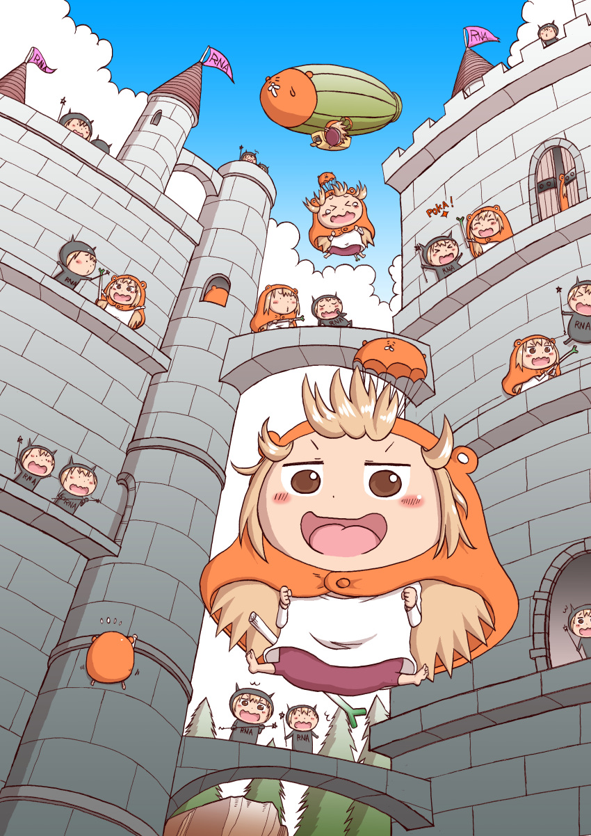&gt;_&lt; /\/\/\ 6+girls :d ^_^ absurdres aircraft barefoot blonde_hair blush_stickers brown_eyes castle chibi clenched_hand climbing closed_eyes clouds costume dirigible doma_umaru door doorway hamster_costume hamster_hood highres himouto!_umaru-chan hood hoodie kobayashimannga komaru multiple_girls open_mouth outdoors parachute purple_shorts shorts skin_tight sleepy smile spring_onion tears toes tongue tree wand yawning