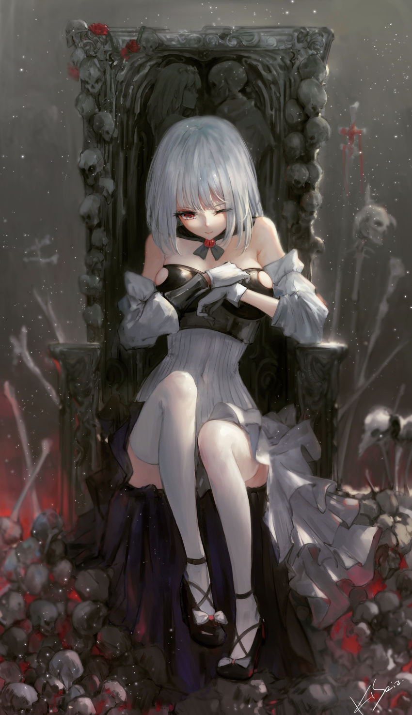 1girl armchair bangs bare_shoulders black_footwear blood breasts chair closed_mouth commentary_request detached_sleeves dress eyebrows_visible_through_hair flower gloves highres kisei2 long_sleeves looking_at_viewer medium_breasts on_chair one_eye_closed original red_eyes red_flower red_rose rose shoes signature sitting skeleton skull solo thigh-highs white_dress white_gloves white_hair white_legwear white_sleeves