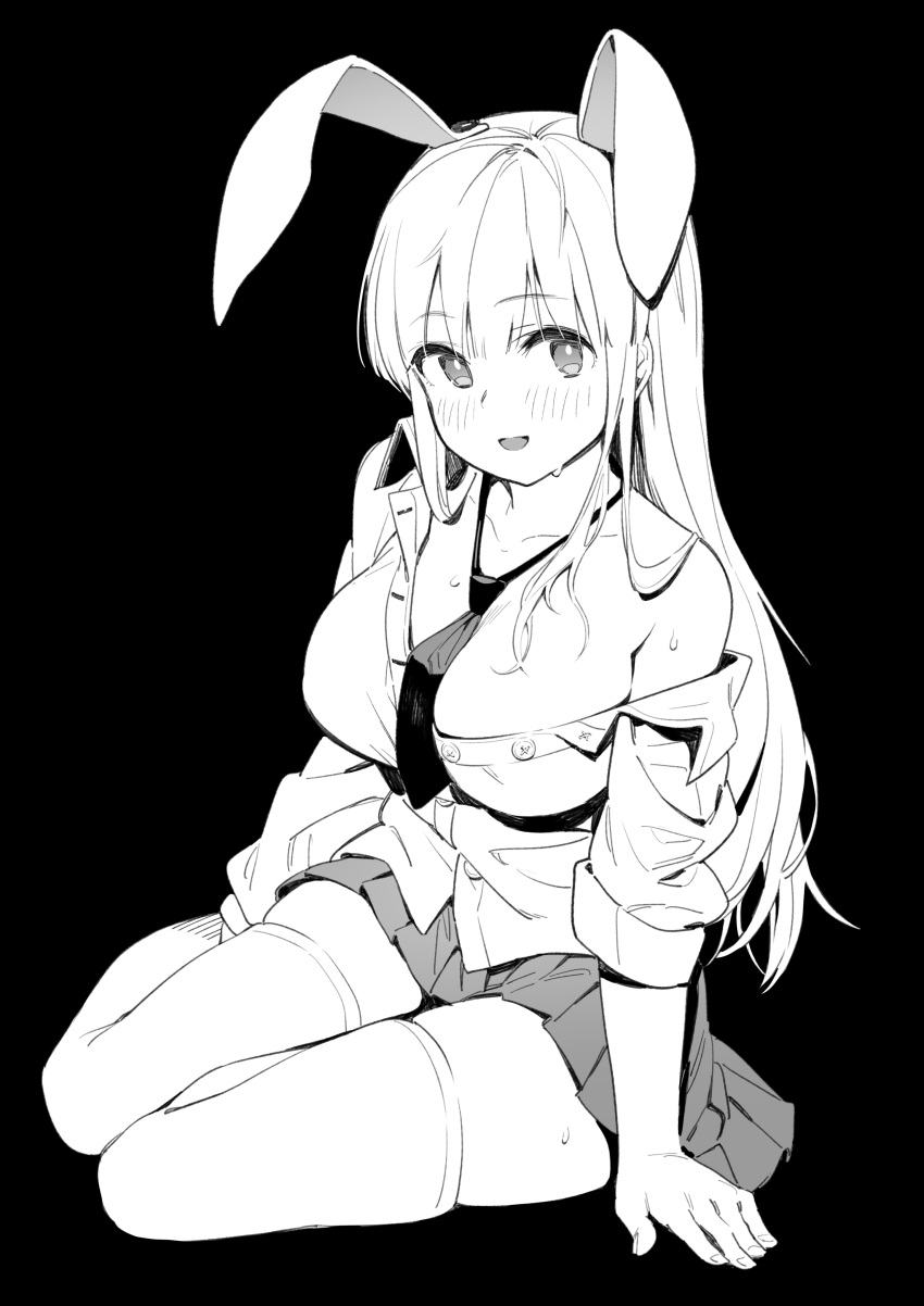 1girl absurdres animal_ears between_breasts black_background blush breasts ddal full_body greyscale highres large_breasts long_hair looking_at_viewer miniskirt monochrome necktie necktie_between_breasts off_shoulder pleated_skirt rabbit_ears reisen_udongein_inaba simple_background sitting skirt smile solo sweat thigh-highs touhou yokozuwari