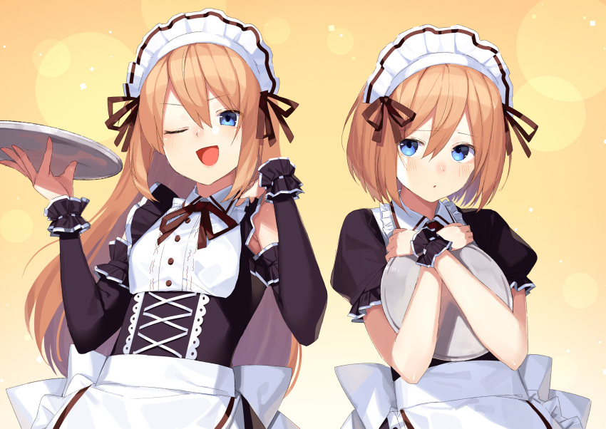 2girls ;d alternate_costume apron bare_shoulders black_dress blancpig_yryr blue_eyes blush brown_hair crossed_arms detached_sleeves dress enmaided hair_between_eyes hands_up highres holding holding_tray long_hair looking_at_viewer maid maid_headdress medium_hair multiple_girls neptune_(series) one_eye_closed open_mouth parted_lips puffy_short_sleeves puffy_sleeves ram_(neptune_series) rom_(neptune_series) short_sleeves siblings sisters smile tray twins upper_body very_long_hair waist_apron white_apron