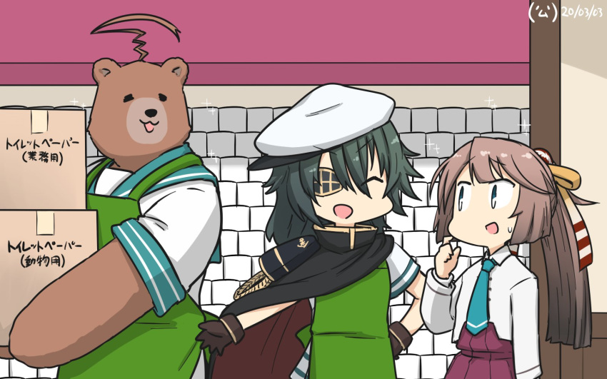 1other 2girls ahoge animalization apron bear blazer box brown_hair cape closed_eyes commentary_request cowboy_shot dated eyepatch green_apron green_hair grey_eyes hair_ribbon halterneck hamu_koutarou hands_on_hips hat highres huge_ahoge jacket kantai_collection kazagumo_(kantai_collection) kiso_(kantai_collection) kuma_(kantai_collection) long_hair multiple_girls necktie pauldrons peaked_cap pleated_skirt ponytail remodel_(kantai_collection) ribbon school_uniform serafuku short_hair skirt toilet_paper translation_request white_headwear