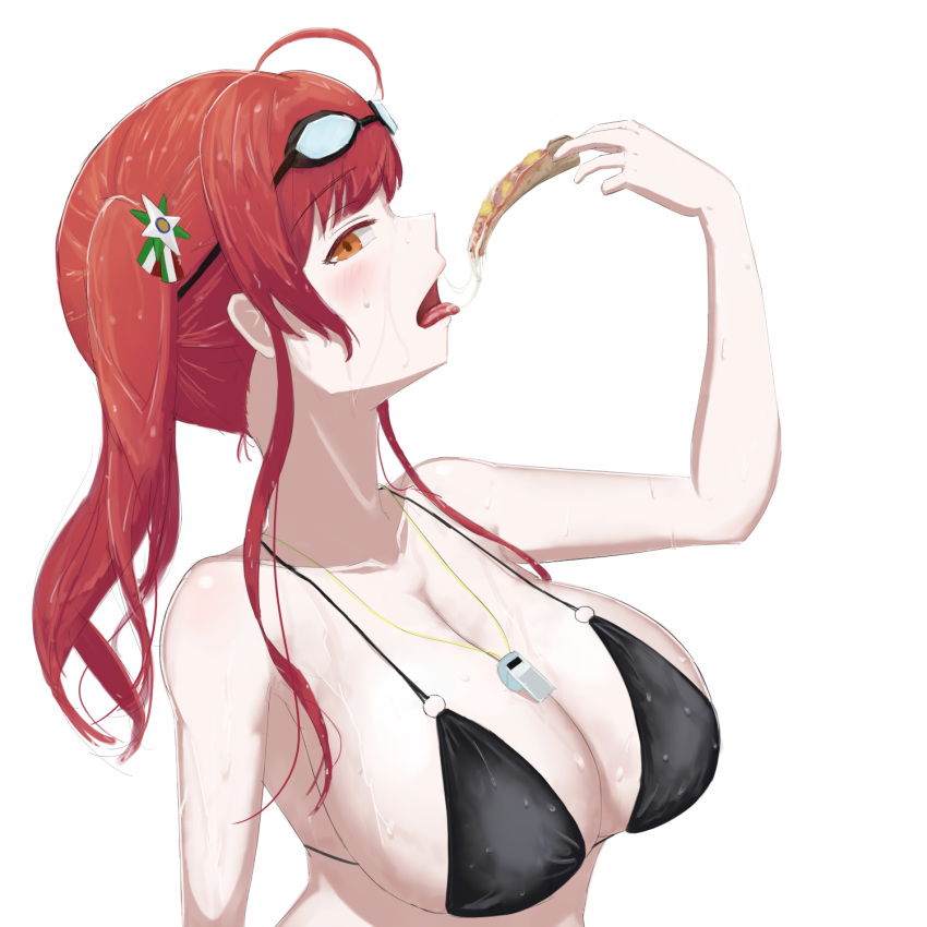 1girl alternate_costume artist_request azur_lane bikini black_bikini_top blush breasts eating eyebrows_visible_through_hair food goggles goggles_on_head highres huge_breasts italian_flag long_hair looking_at_viewer multi-strapped_bikini multiple_straps o-ring o-ring_bikini orange_eyes pizza portrait redhead side_ponytail simple_background solo swimsuit wet wet_clothes whistle whistle_around_neck white_background zara_(azur_lane) zara_(poolside_coincidence)_(azur_lane)
