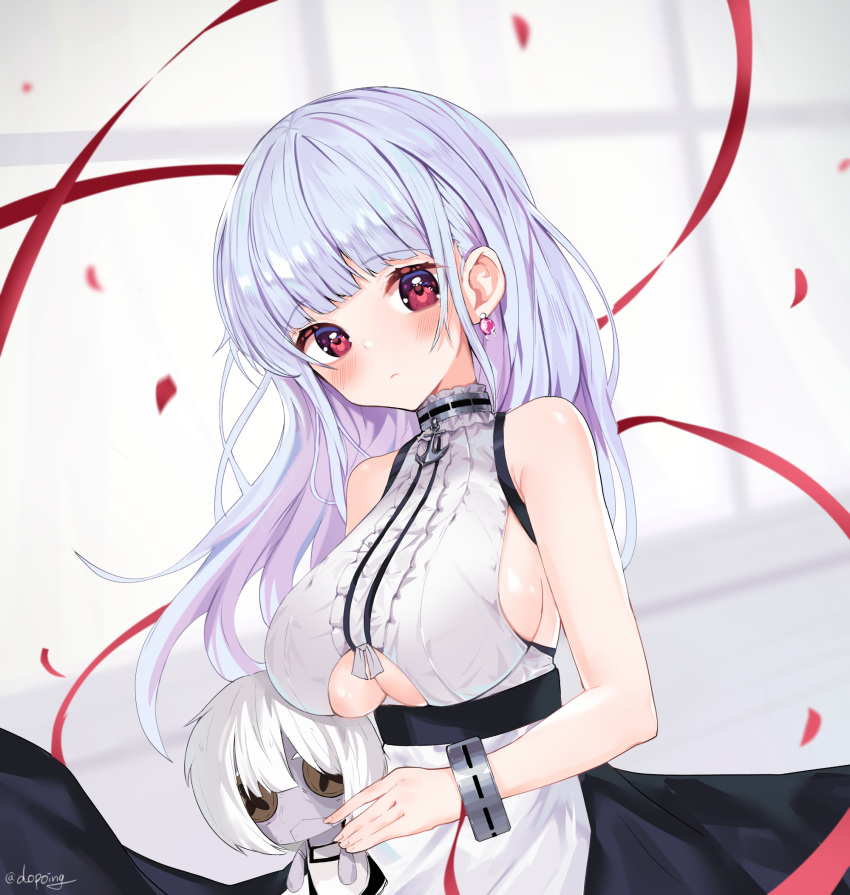 anchor_choker anchor_necklace apron azur_lane breasts button_eyes center_frills choker dido_(azur_lane) doll dopoing earrings frilled_apron frilled_choker frills heart heart_earrings highres holding holding_doll jewelry lace-trimmed_hairband maid maid_apron red_eyes shirt sleeveless sleeveless_shirt under_boob underboob_cutout waist_apron white_apron white_hair