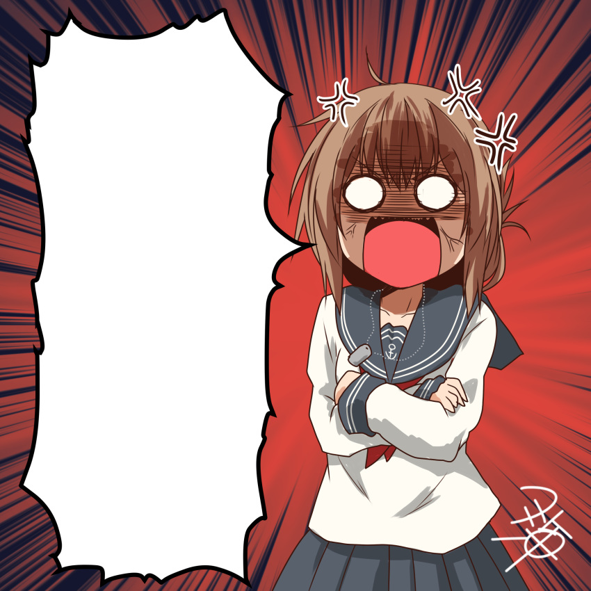 1girl anger_vein angry blue_skirt brown_hair crossed_arms dog_tags emphasis_lines eyebrows_visible_through_hair folded_ponytail hair_between_eyes highres inazuma_(kantai_collection) kantai_collection looking_at_viewer neckerchief open_mouth plaid plaid_skirt red_background red_neckwear sailor_collar shirt signature skirt solid_circle_eyes solo template v-shaped_eyebrows white_serafuku white_shirt yua_(checkmate)