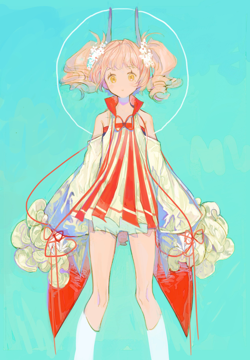 1girl absurdres bangs blue_background blush closed_mouth commentary dress eyebrows_visible_through_hair feet_out_of_frame highres horns legs_apart long_sleeves looking_at_viewer no_nose original pink_hair rosette_(yankaixuan) short_dress short_hair sleeves_past_wrists smile socks solo standing twintails white_dress white_legwear yellow_eyes