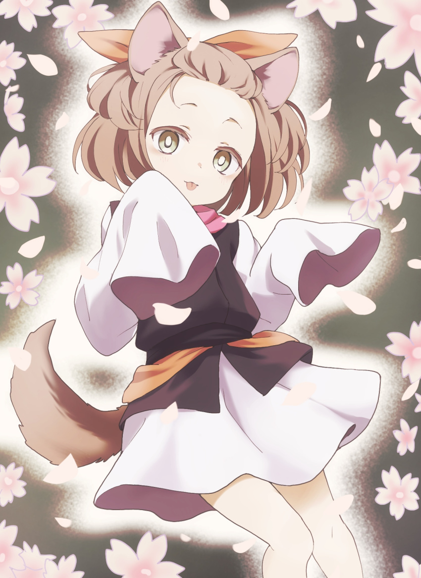 1girl animal_ears ash_blossom_&amp;_joyous_spring bangs_pinned_back black_jacket brown_eyes brown_hair brown_ribbon ddak5843 flower forehead hair_ribbon highres jacket japanese_clothes kimono long_sleeves looking_at_viewer petals pink_flower ribbon sleeveless sleeveless_jacket sleeves_past_fingers sleeves_past_wrists solo tail tongue tongue_out white_kimono yuu-gi-ou